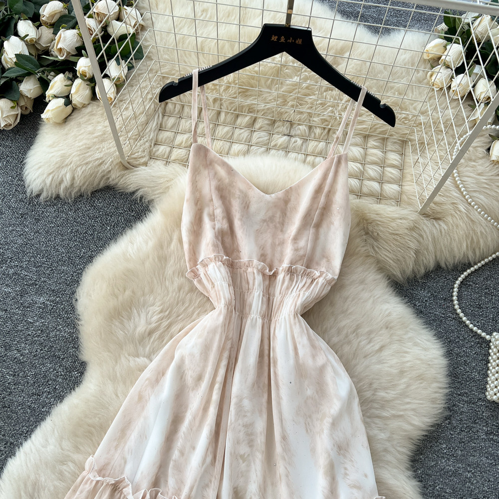 Summer tie dye long dress pinched waist dress for women