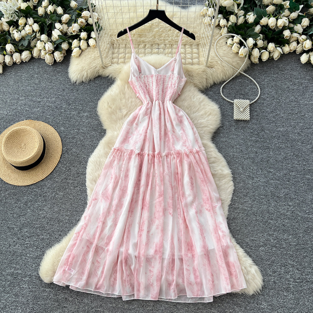 Summer tie dye long dress pinched waist dress for women