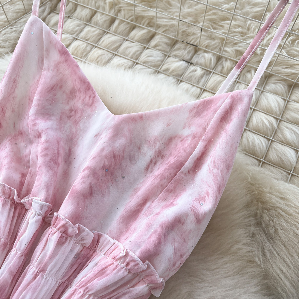 Summer tie dye long dress pinched waist dress for women