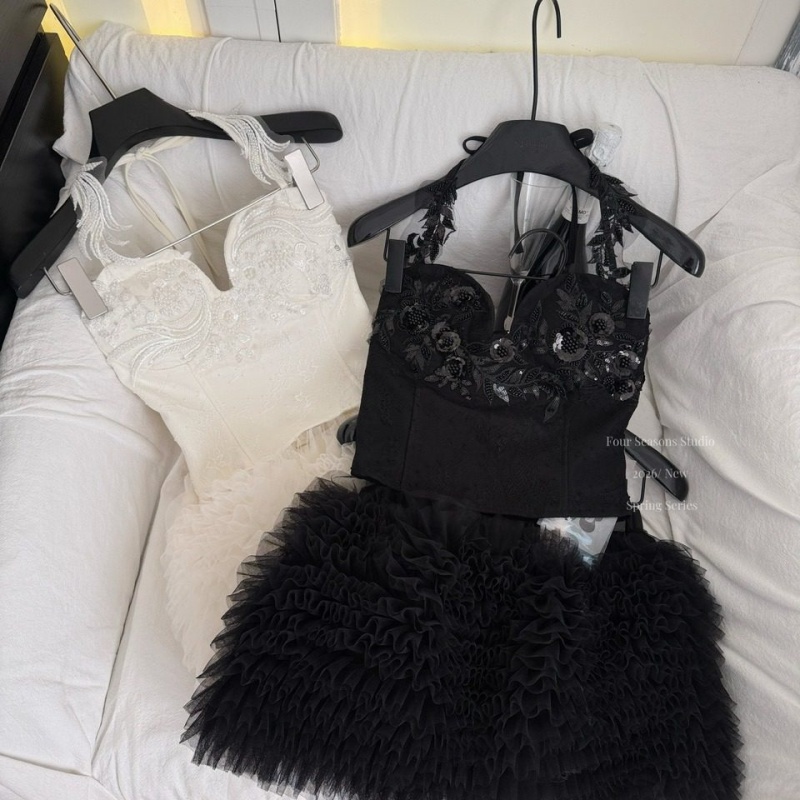 Sequins gauze lace tops beading fashion spicegirl skirt a set