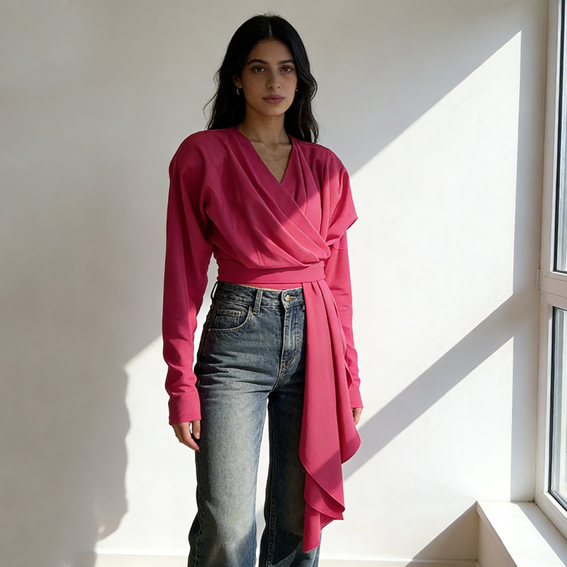 Fashion slim winter tops V-neck personality T-shirt