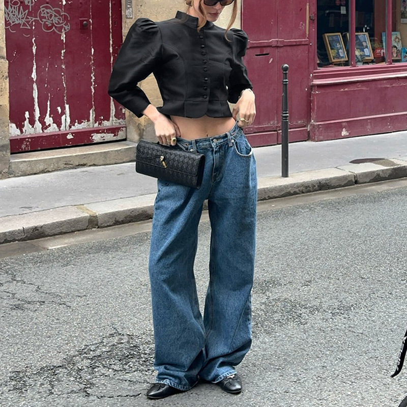 Slim splice half high collar temperament shirt for women