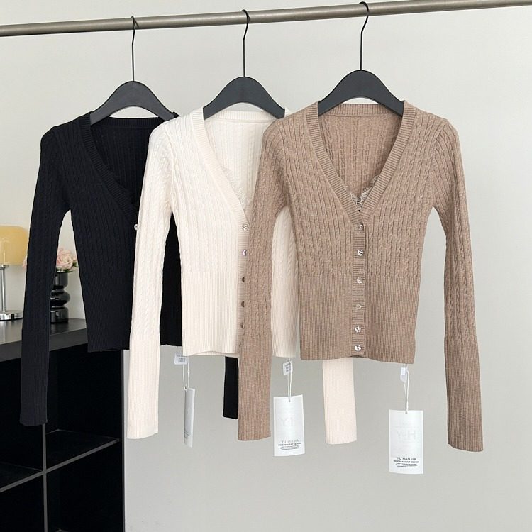 V-neck lace slim autumn and winter American style tops