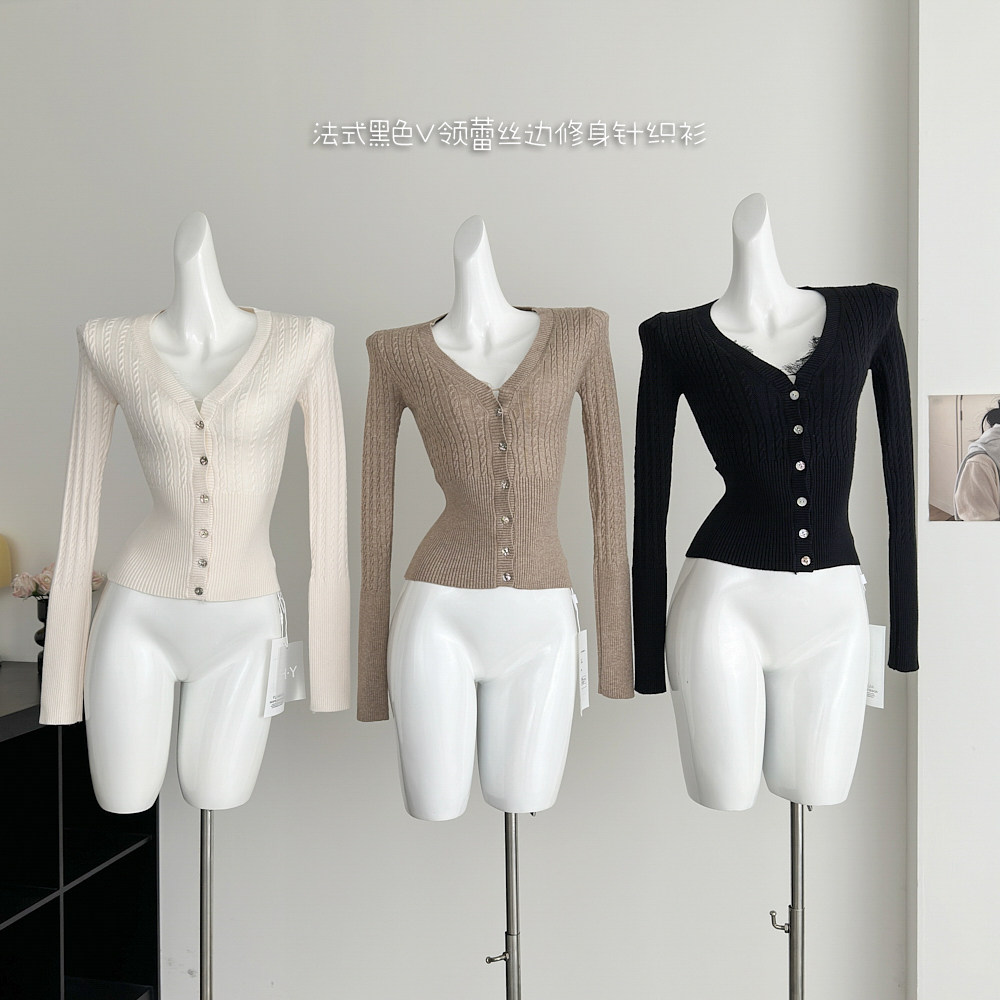 V-neck lace slim autumn and winter American style tops