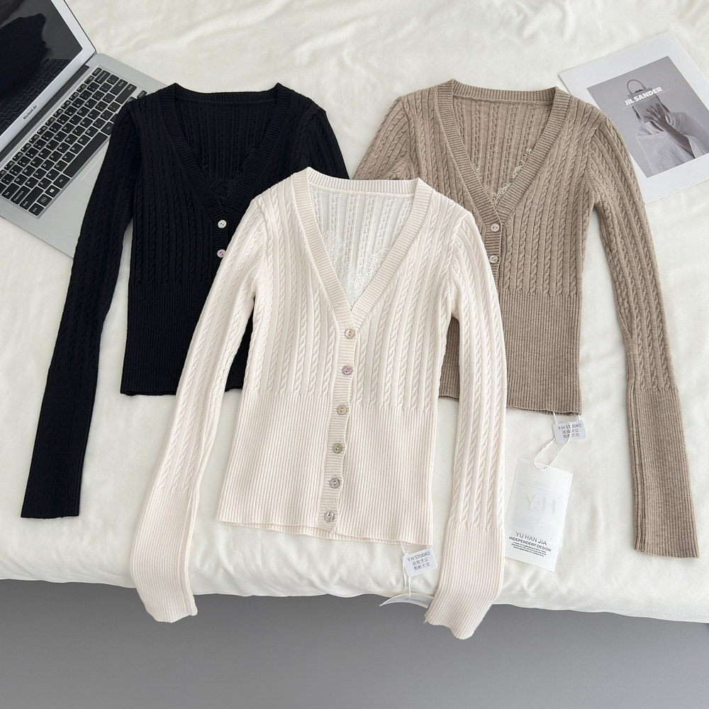 V-neck lace slim autumn and winter American style tops