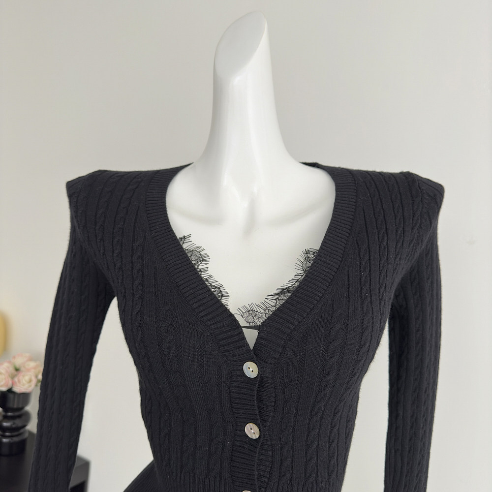 V-neck lace slim autumn and winter American style tops