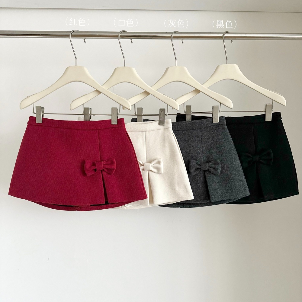 Slim A-line split skirt sweet bow woolen short skirt