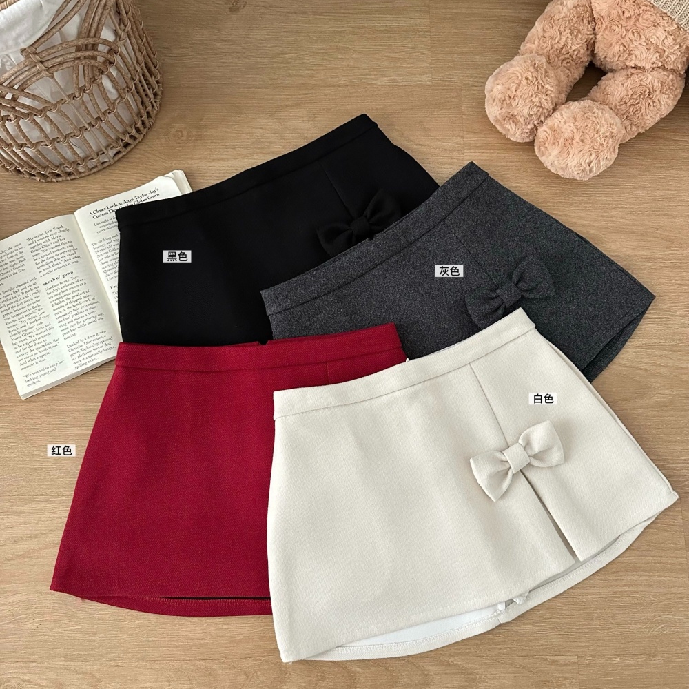 Slim A-line split skirt sweet bow woolen short skirt