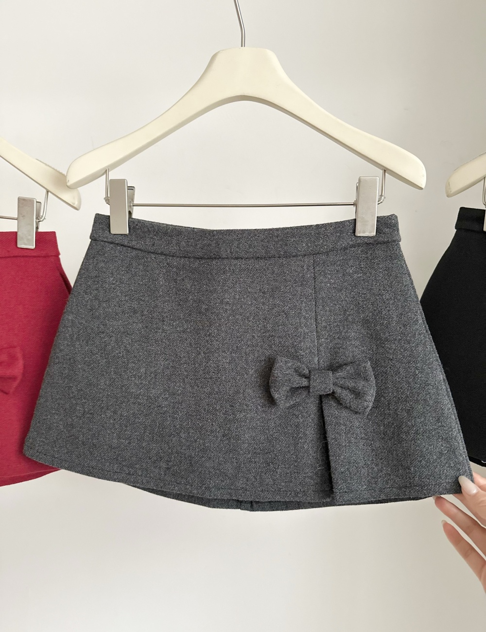Slim A-line split skirt sweet bow woolen short skirt