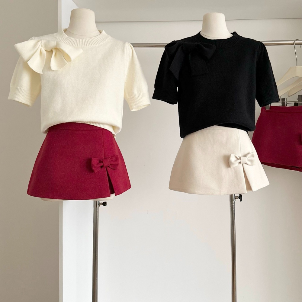 Slim A-line split skirt sweet bow woolen short skirt