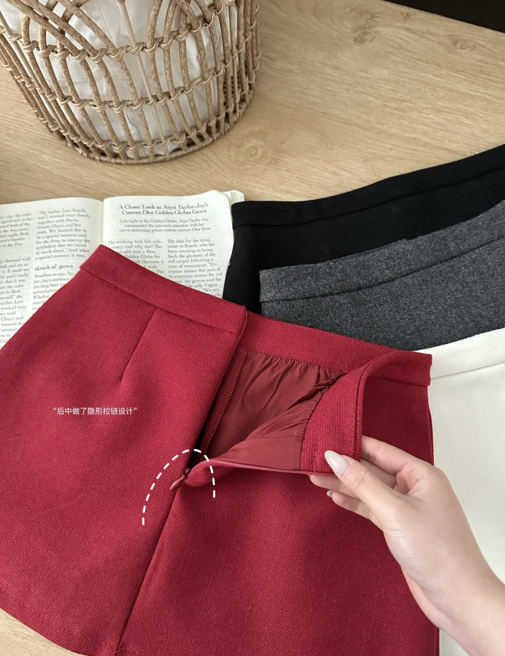 Slim A-line split skirt sweet bow woolen short skirt