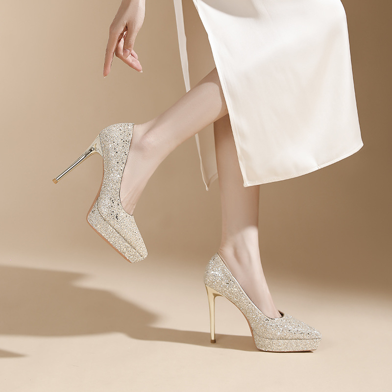 Fine-root sexy shoes sequins low platform for women