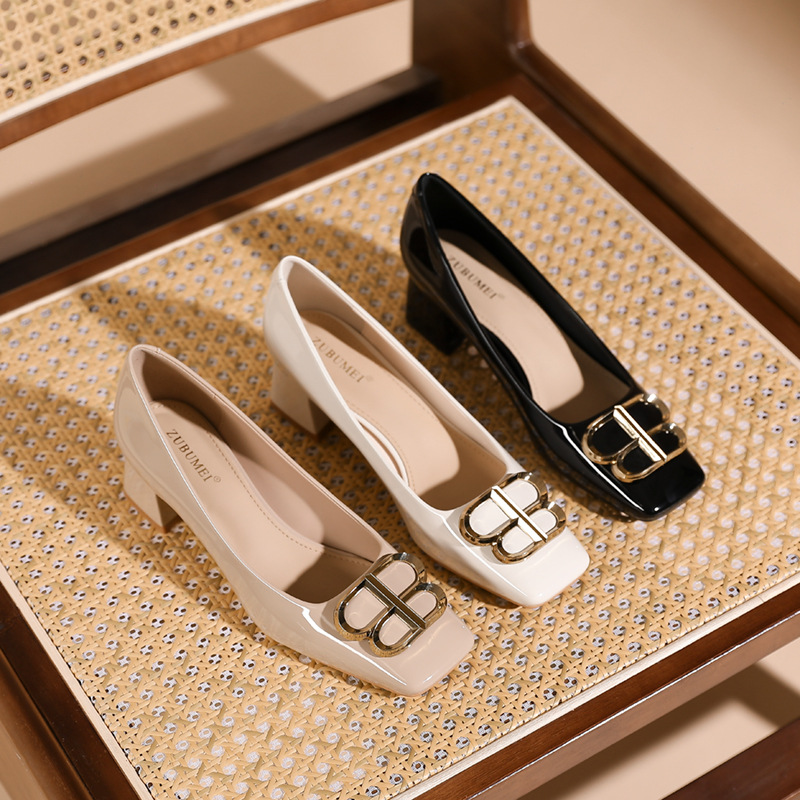 Patent leather high-heeled shoes butterfly buckle shoes