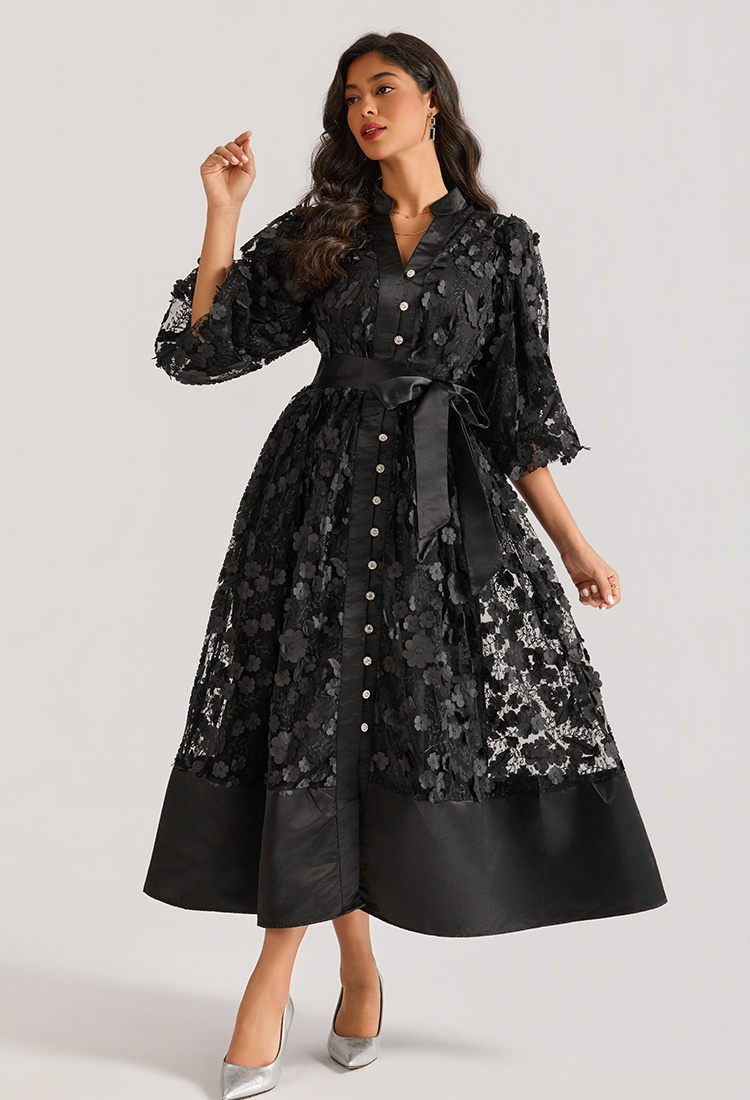 Hollow embroidery long dress rhinestone court style dress