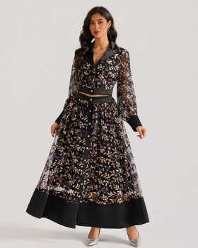 Embroidery long sleeve dress court style long skirt