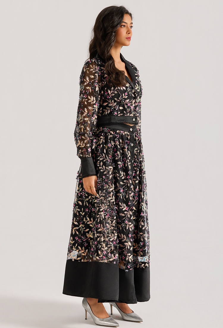 Embroidery long sleeve dress court style long skirt
