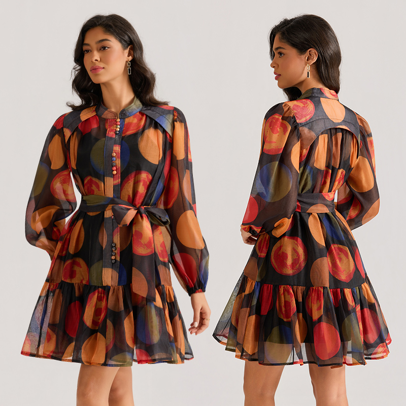 Long sleeve gauze colors dress printing court style T-back