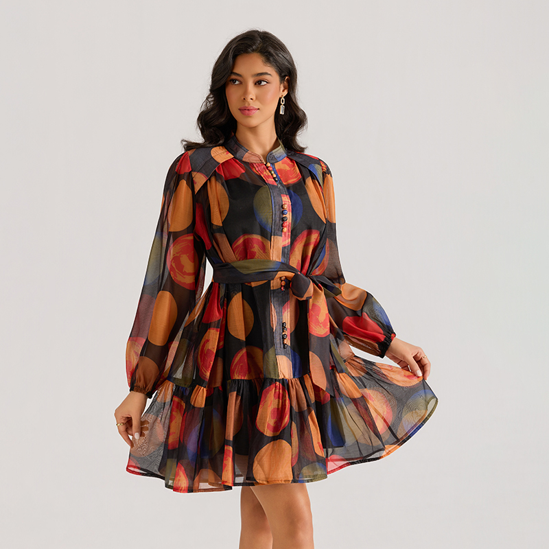 Long sleeve gauze colors dress printing court style T-back