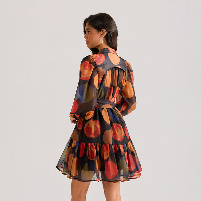 Long sleeve gauze colors dress printing court style T-back