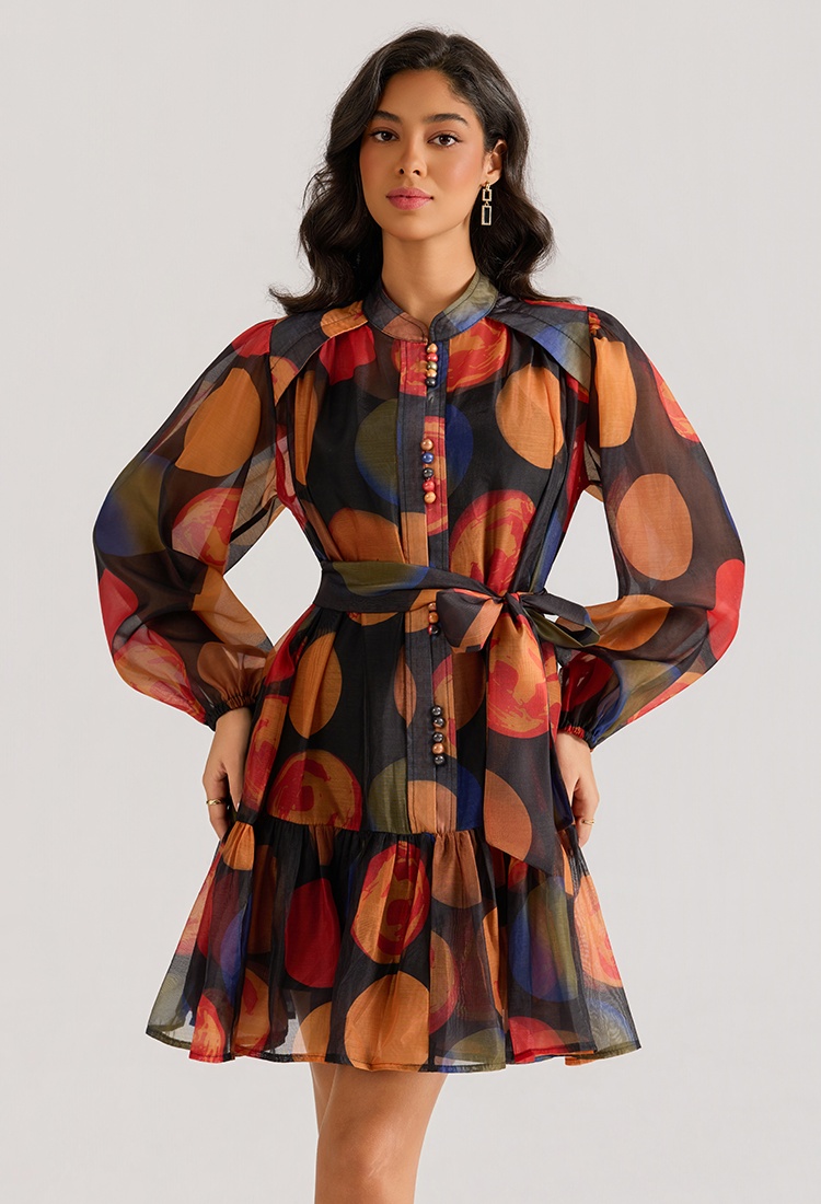 Long sleeve gauze colors dress printing court style T-back