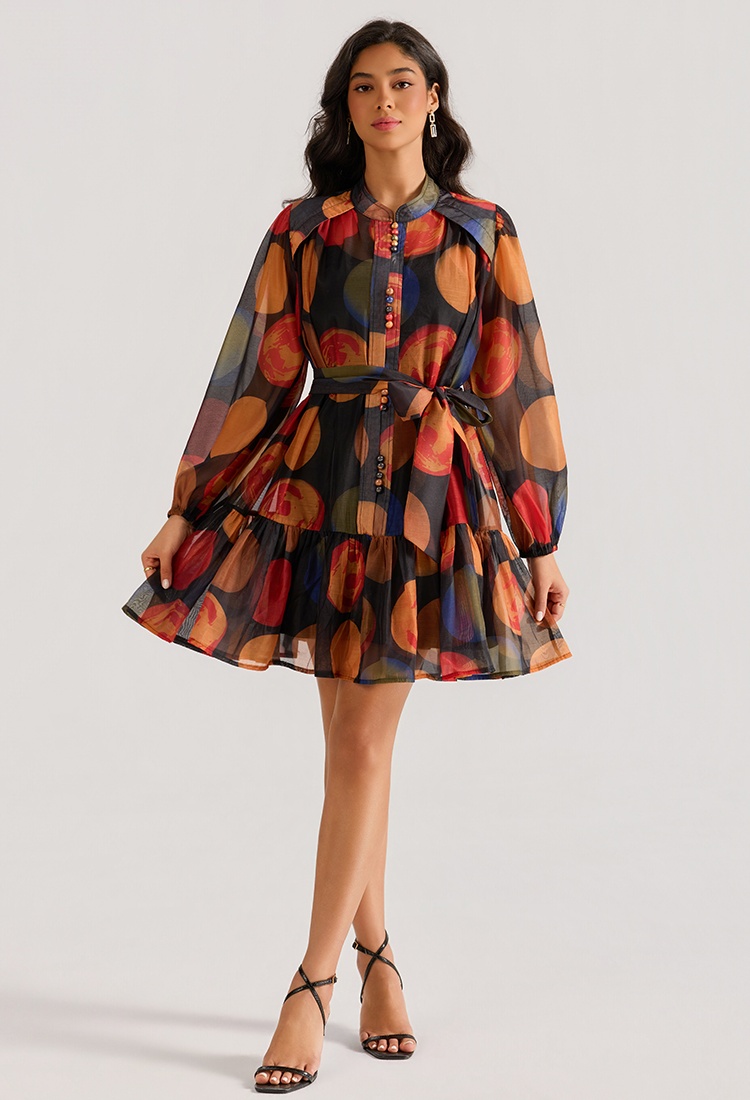 Long sleeve gauze colors dress printing court style T-back