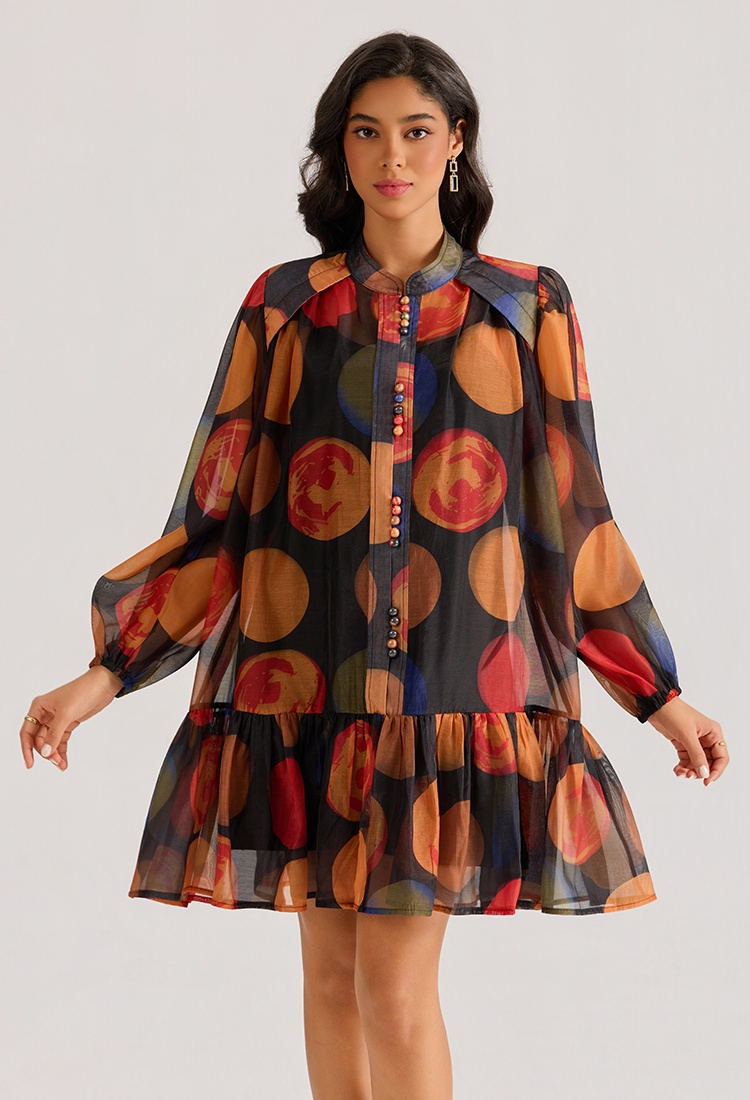 Long sleeve gauze colors dress printing court style T-back