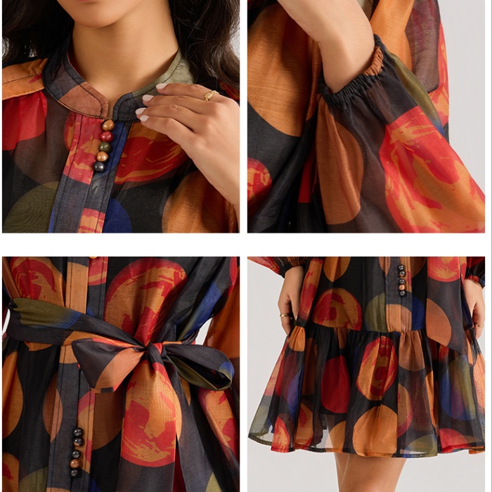 Long sleeve gauze colors dress printing court style T-back