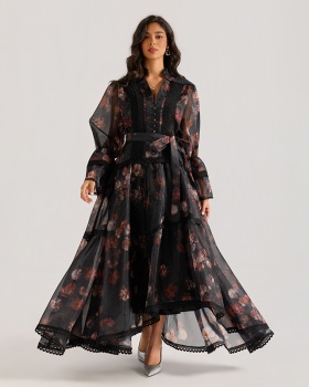 Lace cstand collar dress trumpet sleeves long dress