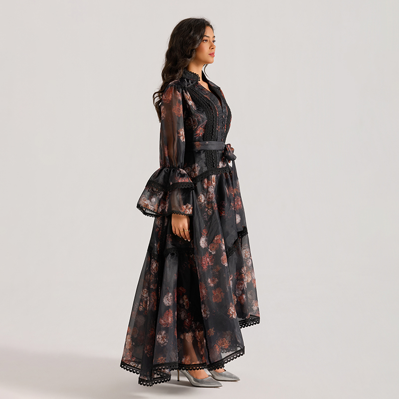 Lace cstand collar dress trumpet sleeves long dress