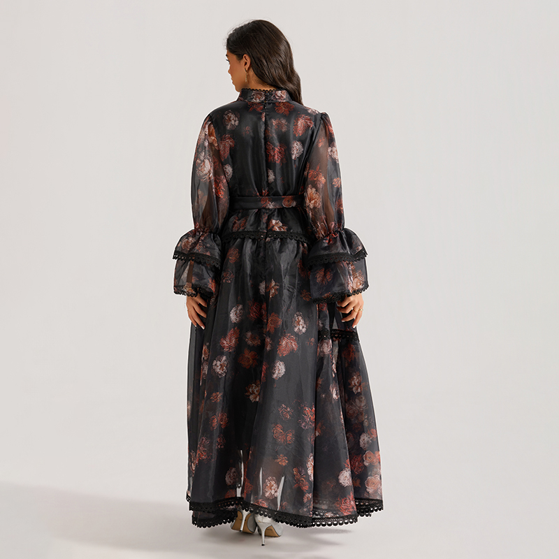 Lace cstand collar dress trumpet sleeves long dress