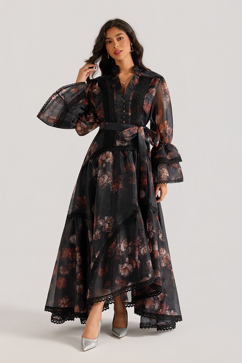 Lace cstand collar dress trumpet sleeves long dress