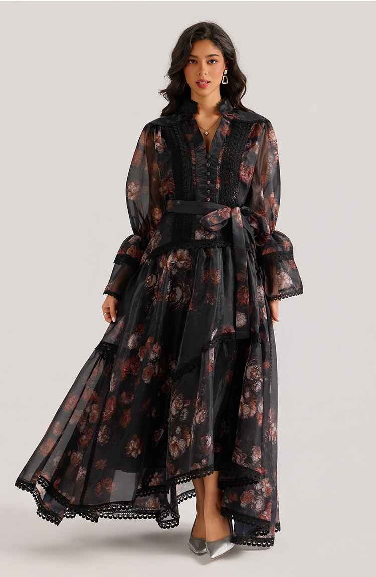 Lace cstand collar dress trumpet sleeves long dress