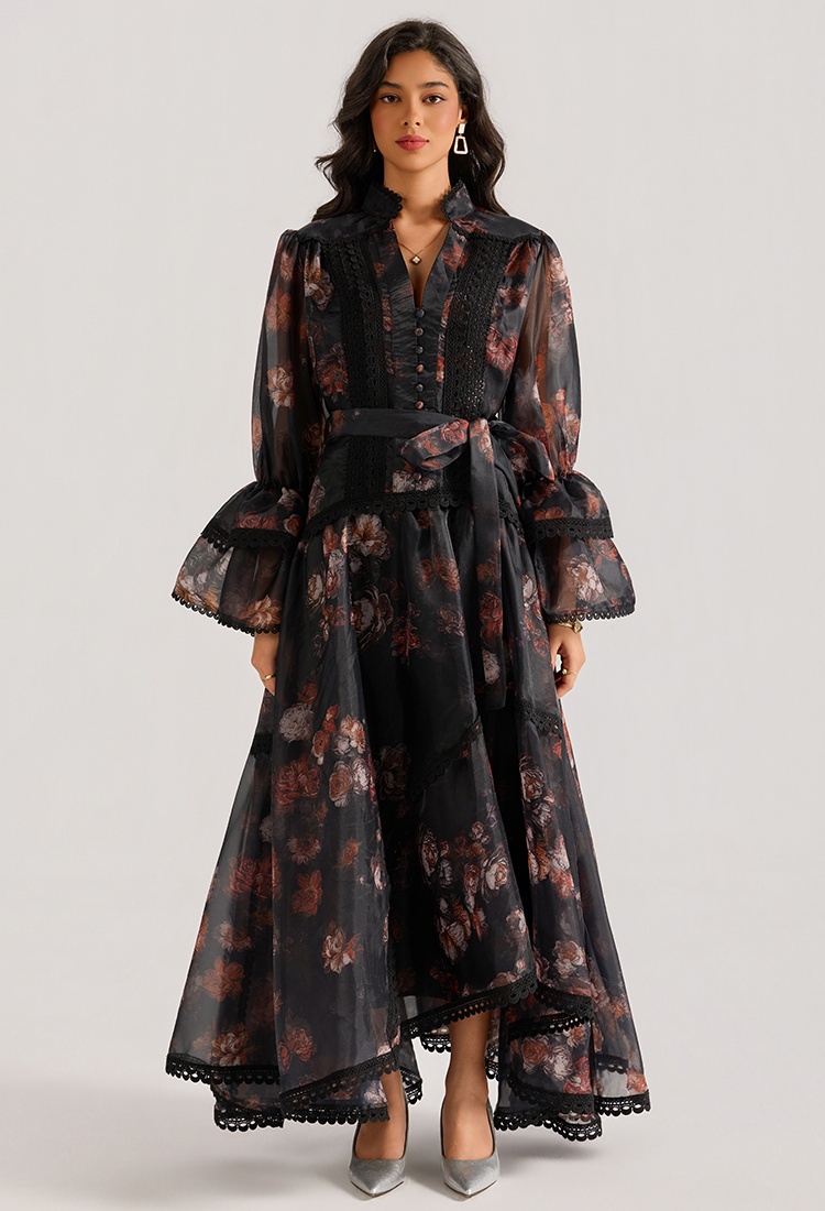 Lace cstand collar dress trumpet sleeves long dress