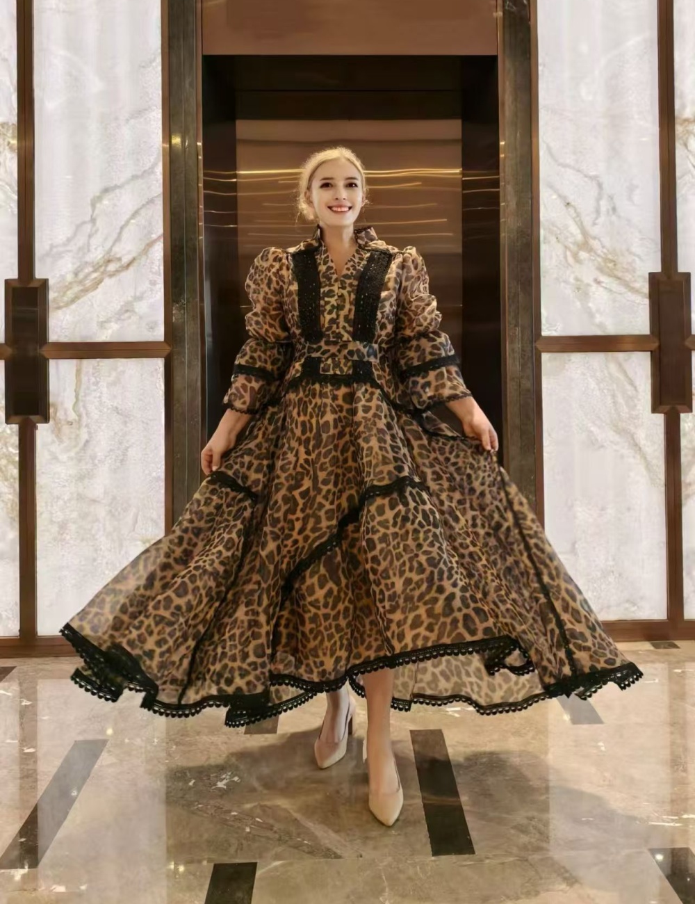 Lace cstand collar dress trumpet sleeves long dress