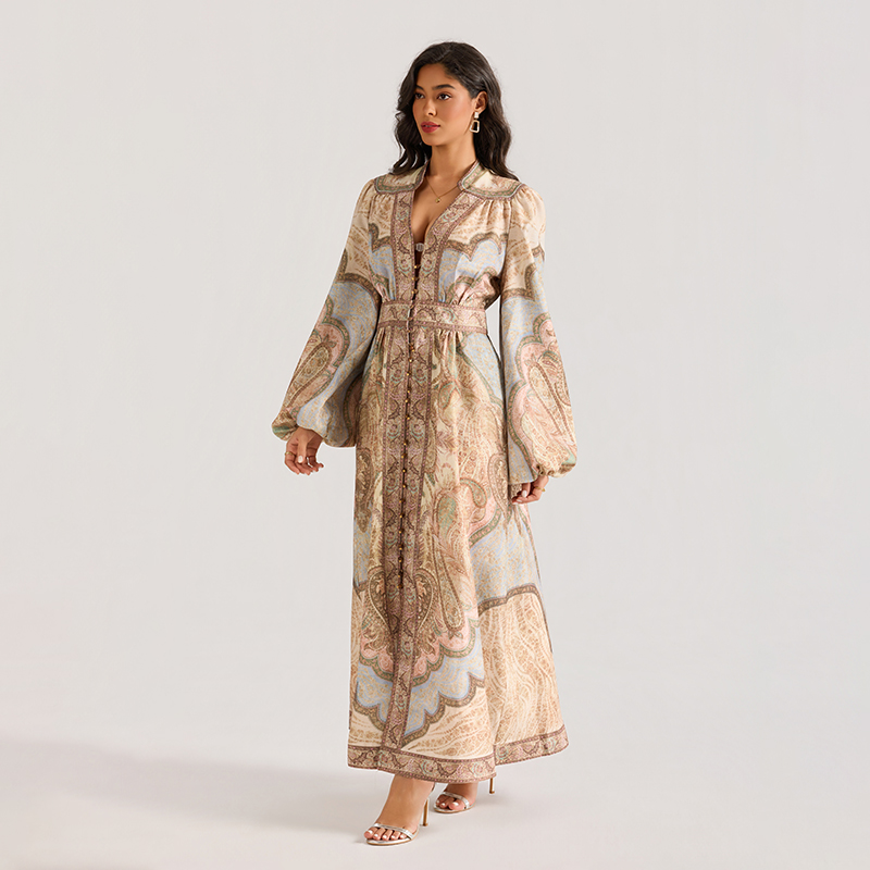 Printing long sleeve V-neck court style dress