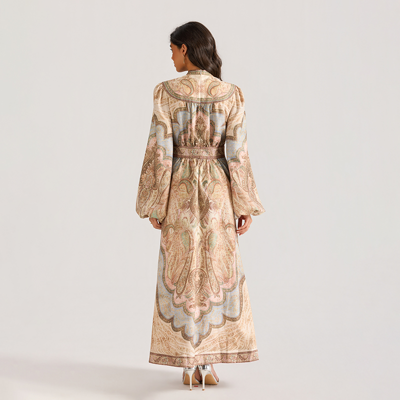 Printing long sleeve V-neck court style dress