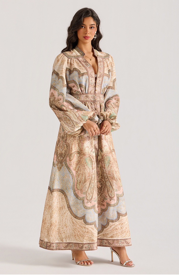 Printing long sleeve V-neck court style dress