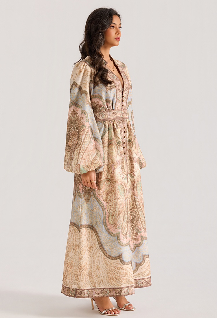 Printing long sleeve V-neck court style dress