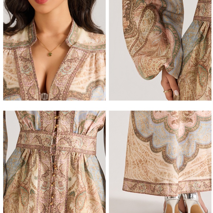 Printing long sleeve V-neck court style dress