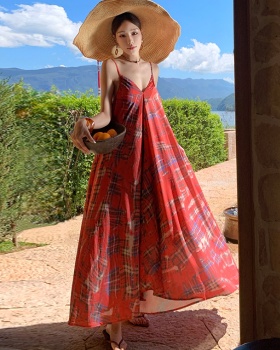 Retro niche long dress France style plaid dress