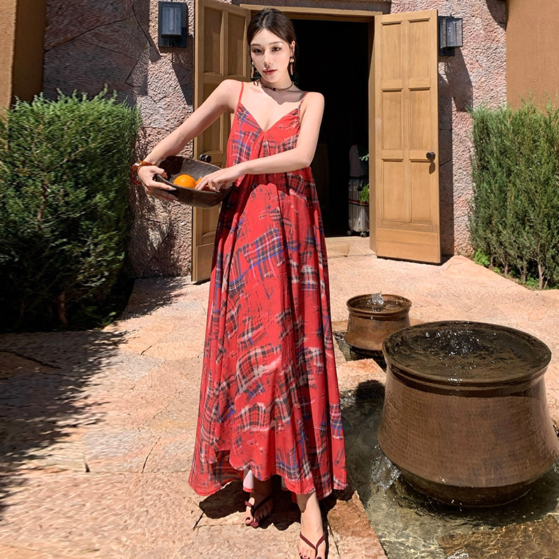 Retro niche long dress France style plaid dress