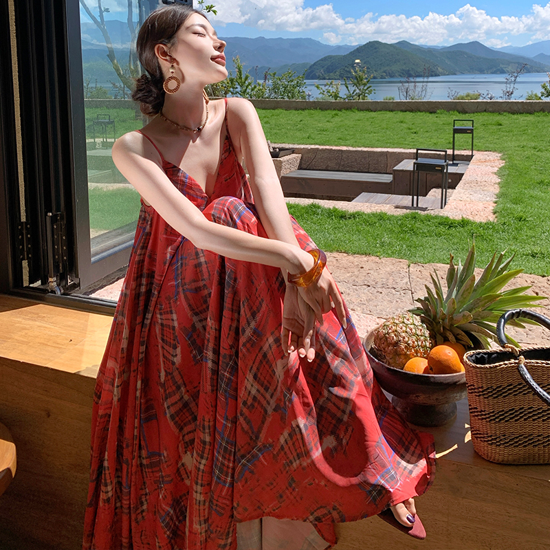 Retro niche long dress France style plaid dress