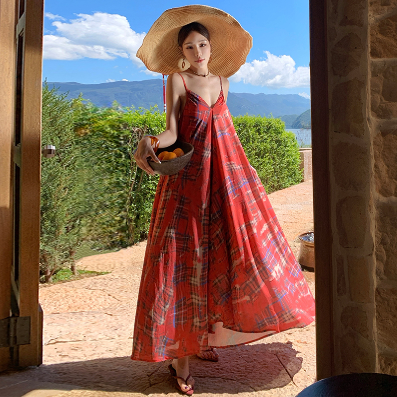 Retro niche long dress France style plaid dress