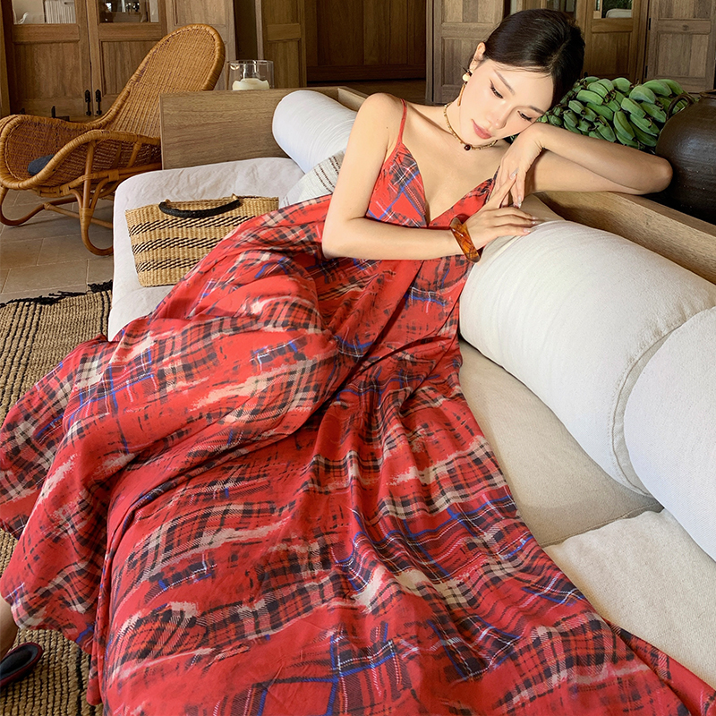 Retro niche long dress France style plaid dress