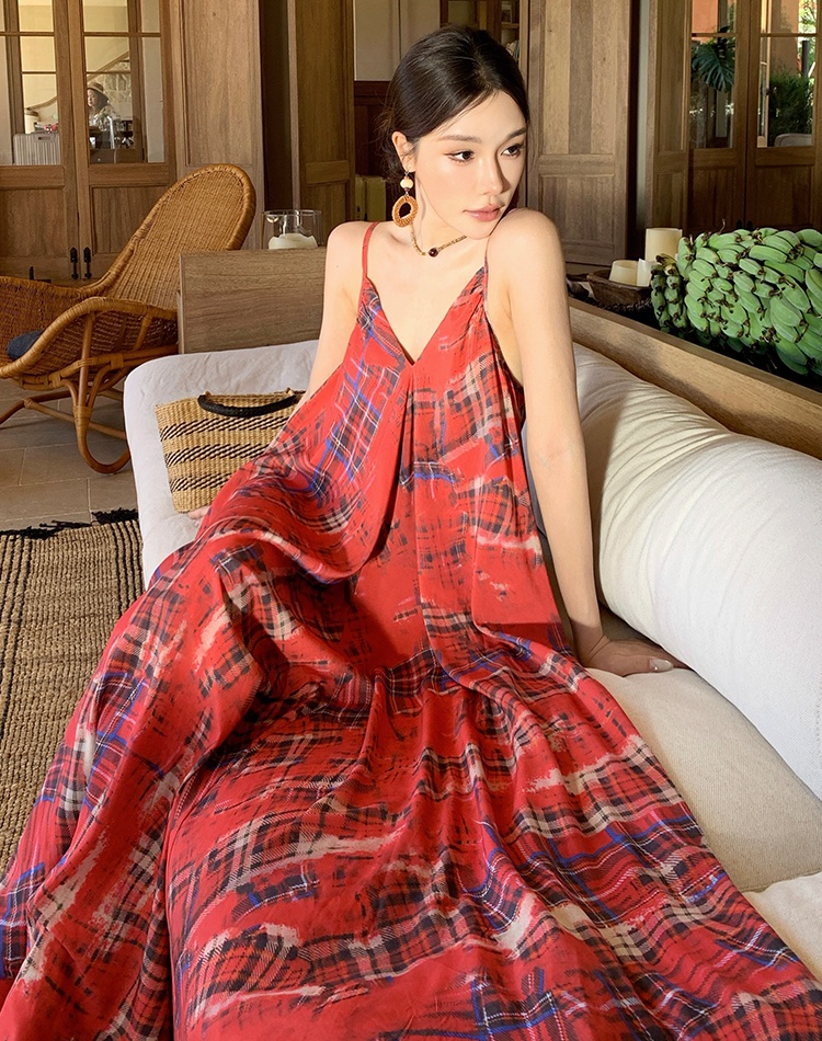 Retro niche long dress France style plaid dress