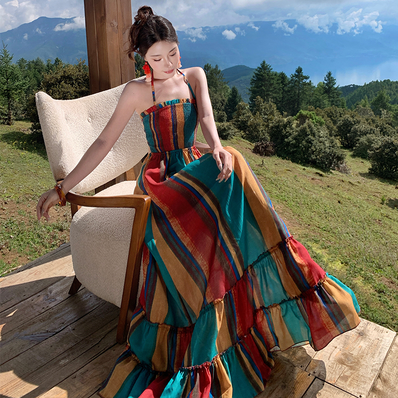 Spicegirl rainbow stripe vacation halter long dress