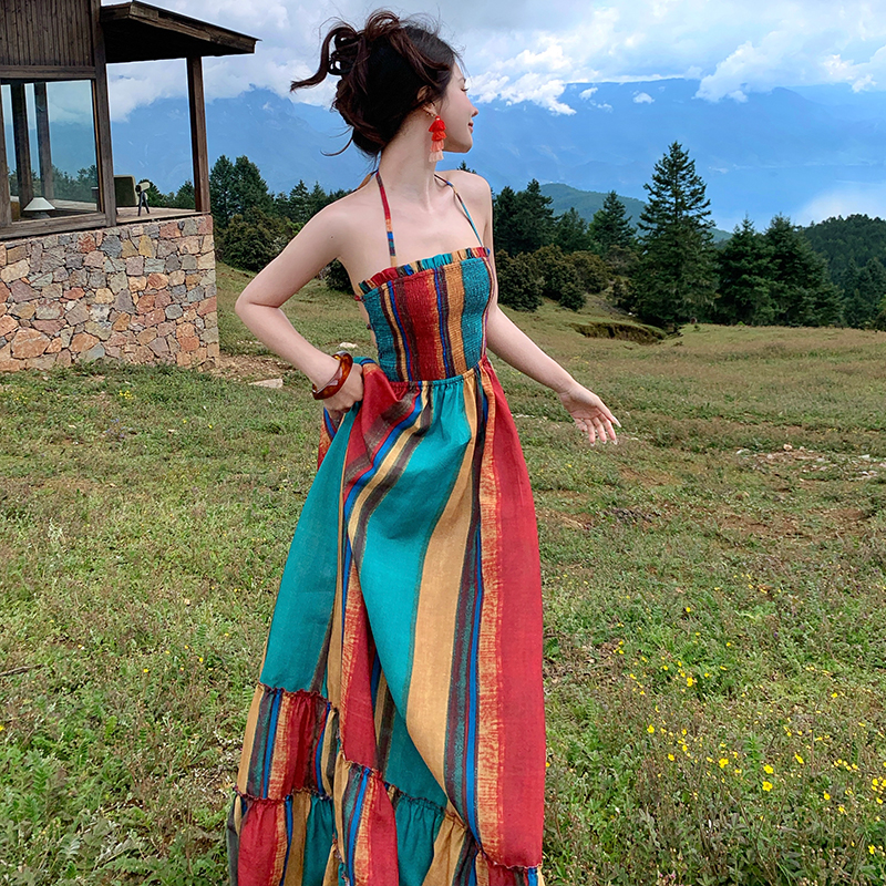 Spicegirl rainbow stripe vacation halter long dress