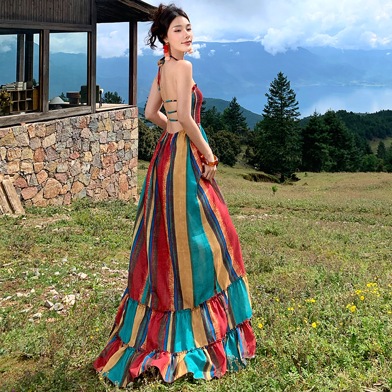 Spicegirl rainbow stripe vacation halter long dress