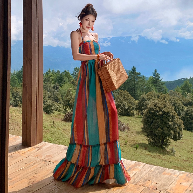 Spicegirl rainbow stripe vacation halter long dress