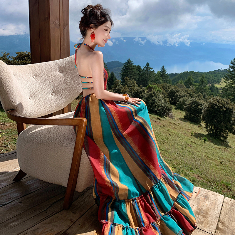 Spicegirl rainbow stripe vacation halter long dress